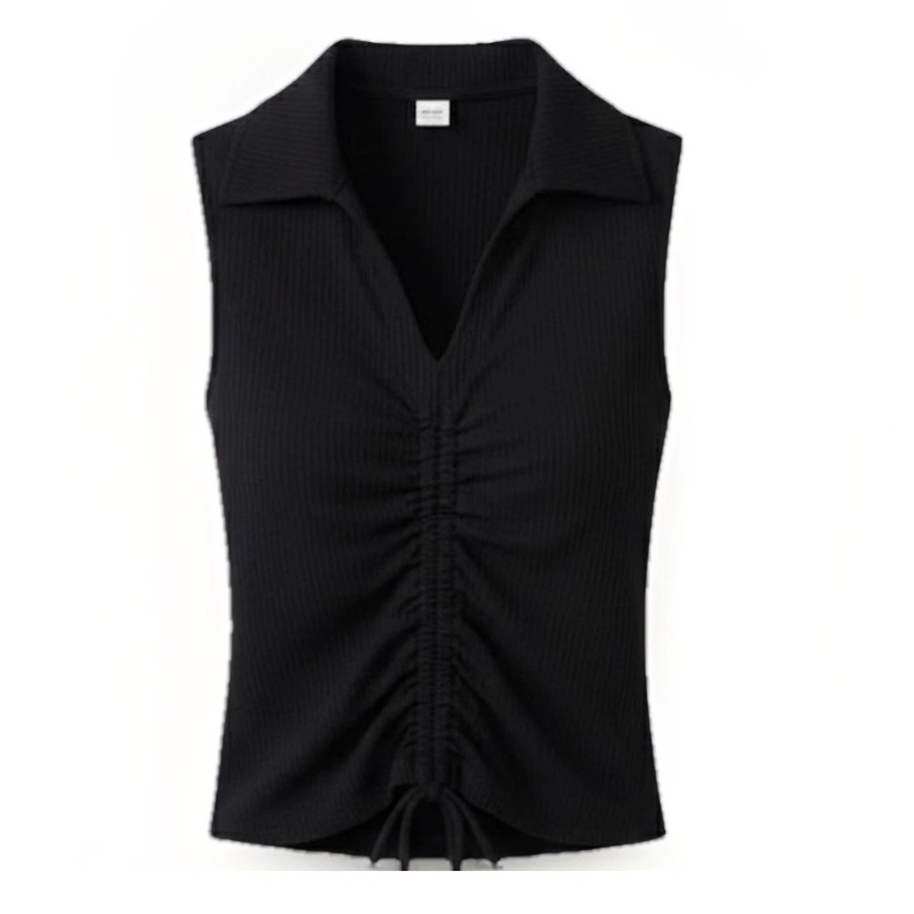 The Drop Flora Ruched Ribbed Top Black Sleeveless Collar NWT XXS